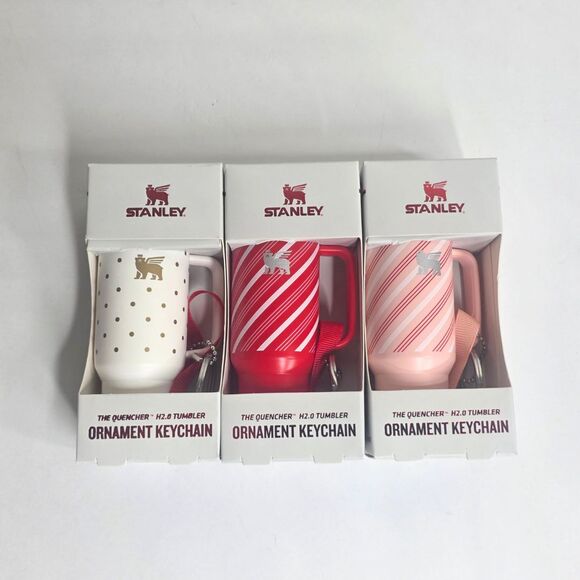 Stanley Tumbler Candy Cane Strawberry Polka Dot Ornament Keychain Set of 3 - NEW - Picture 2 of 11
